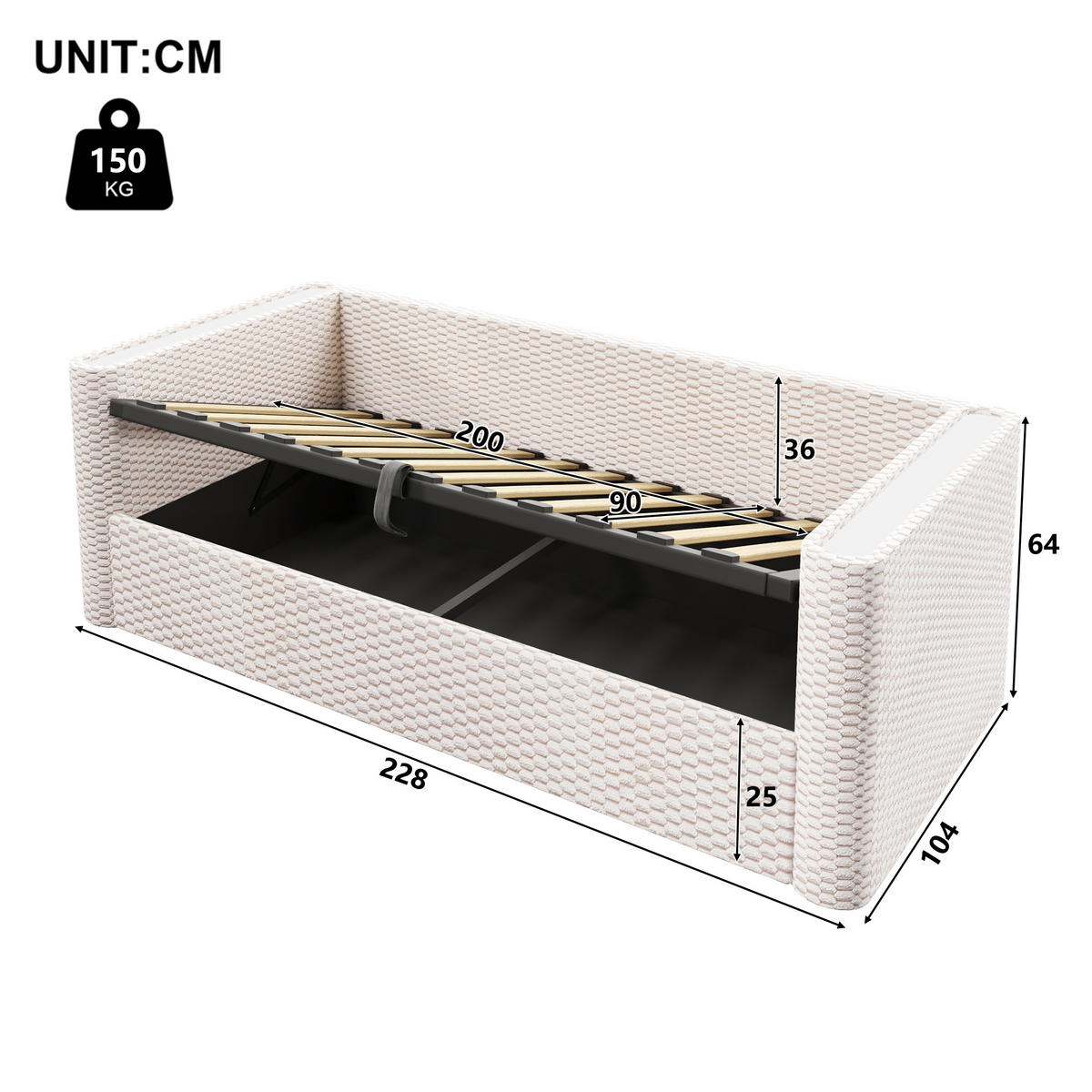 TAGEBETT 90x200cm Beige Samt LED-Licht Hydraulik Stauraum - Beige, Holz (90/200cm) - FLIEKS