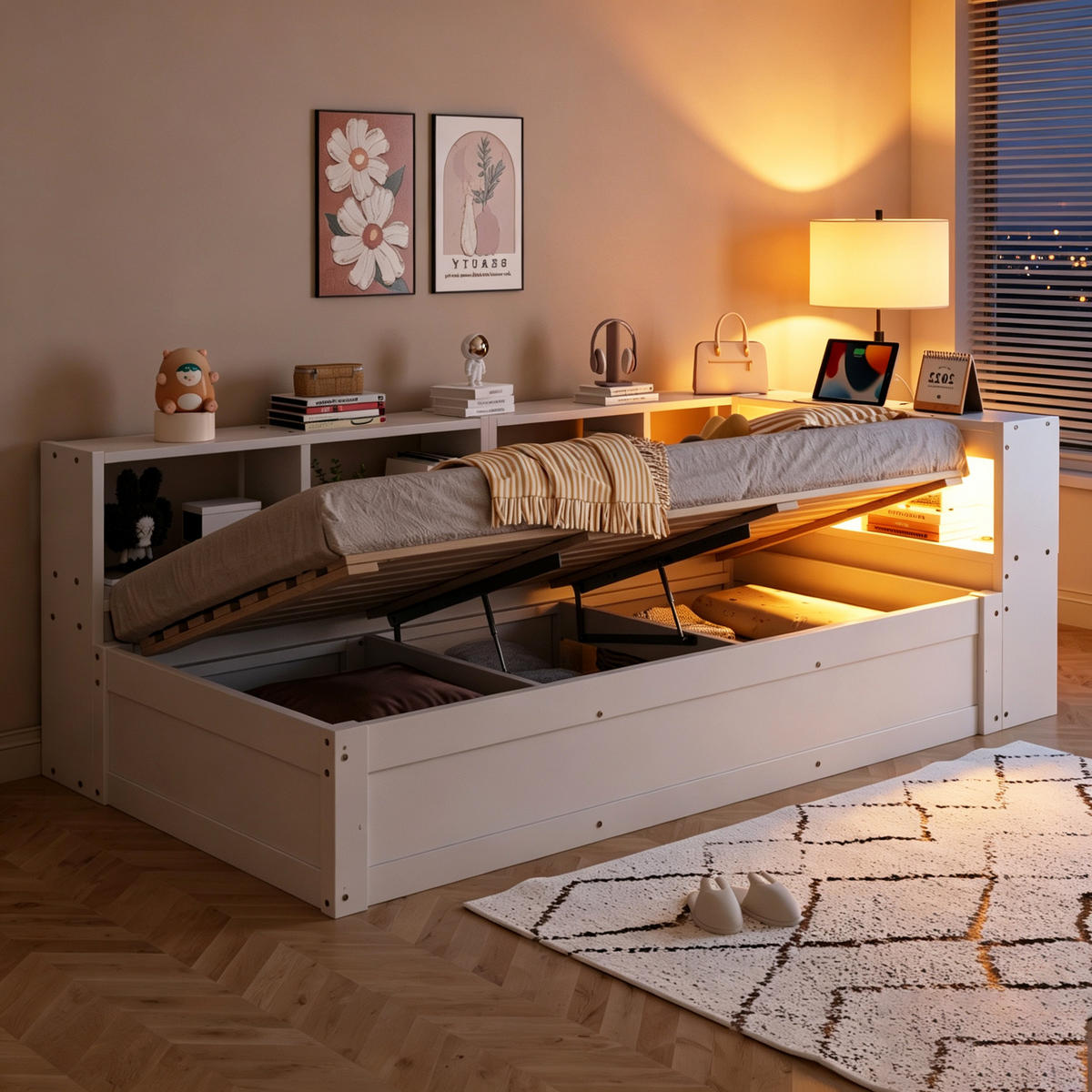 SCHLAFSOFA 90x200cm LED Stauraum Steckdose Massivholz Weiß - Weiß, Holzwerkstoff (90/200cm) - FLIEKS