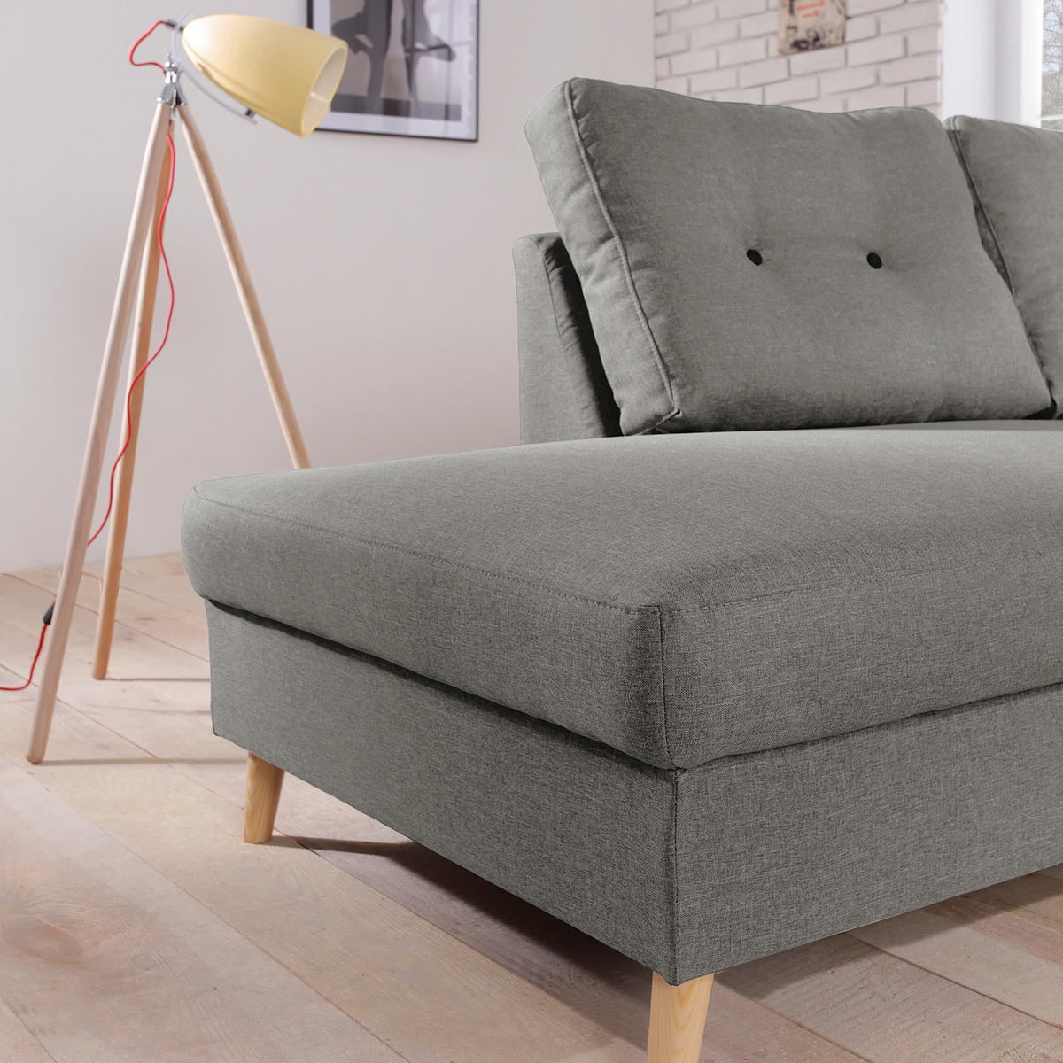 ECKSOFA mit Ottomane - Webstoff - Hellbraun/Grau, Holz/Textil (230/200cm) - home24