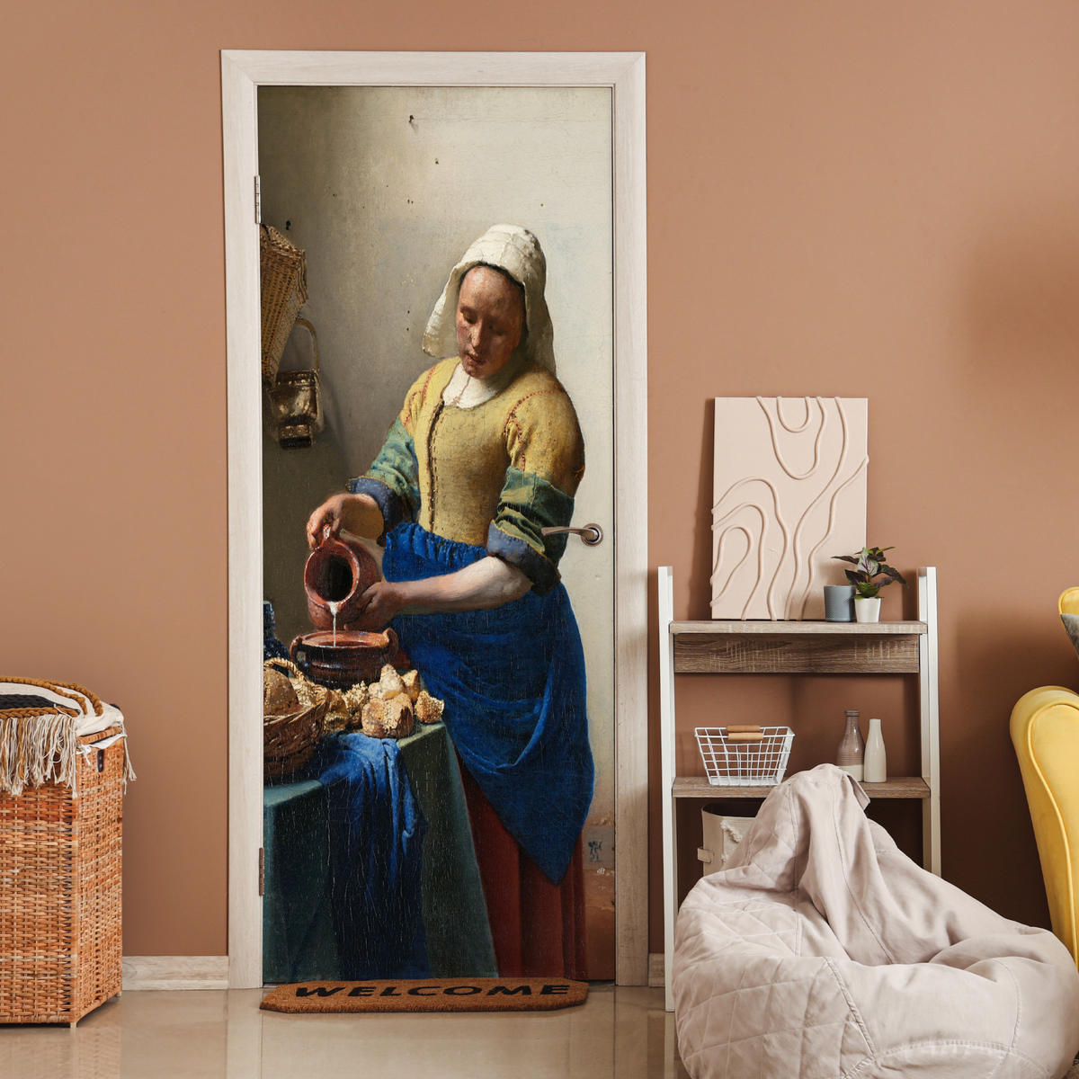 NÁLEPKA NA DVERE Dojička - Johannes Vermeer 80x215 cm - tmavomodrá, plast (80/0.1cm) - MuchoWow