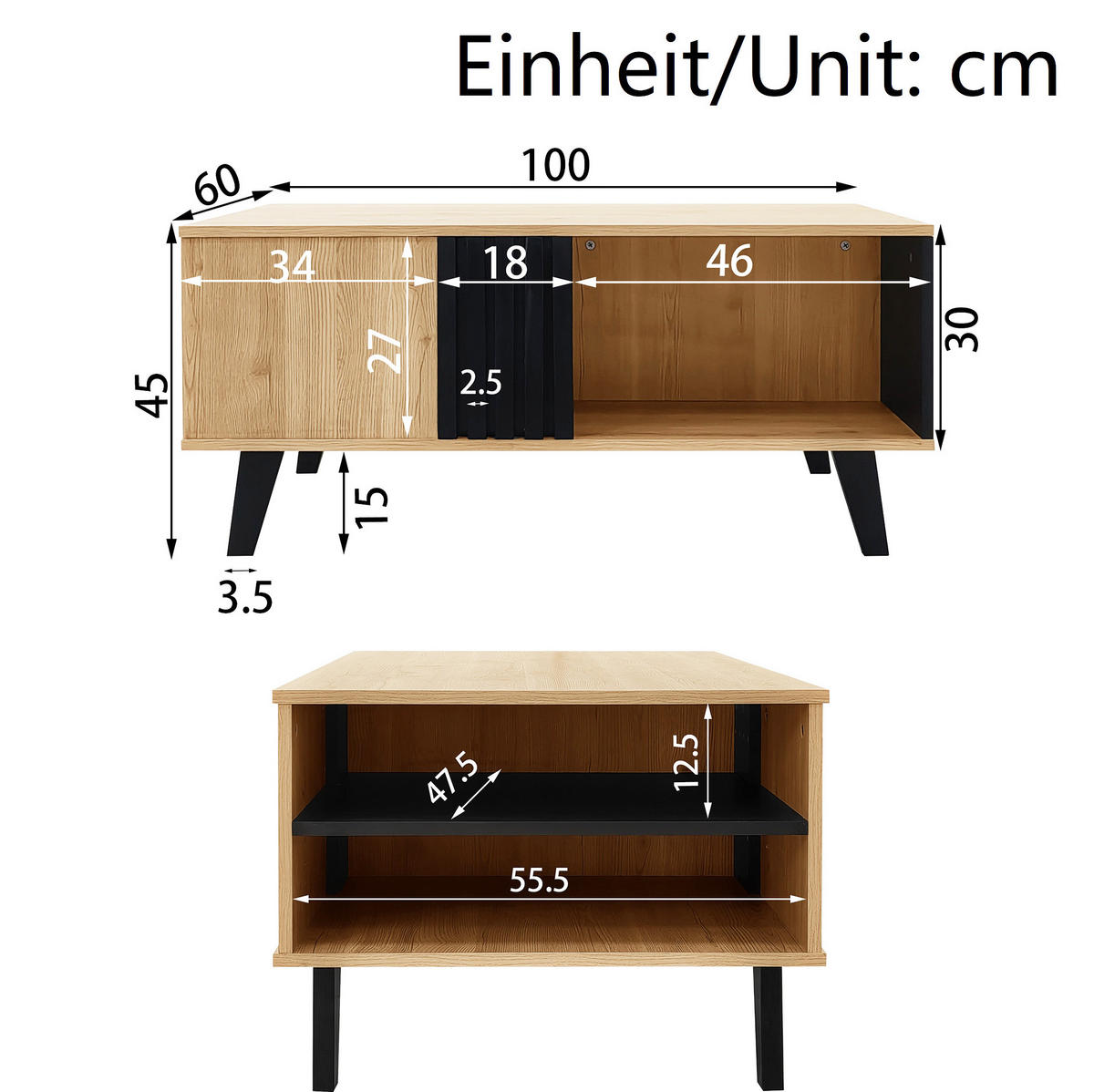 COUCHTISCH 100/60 cm mit Stauraum in Natur/Schwarz - Naturfarben, Holzwerkstoff (100/60/45cm) - BEAOK