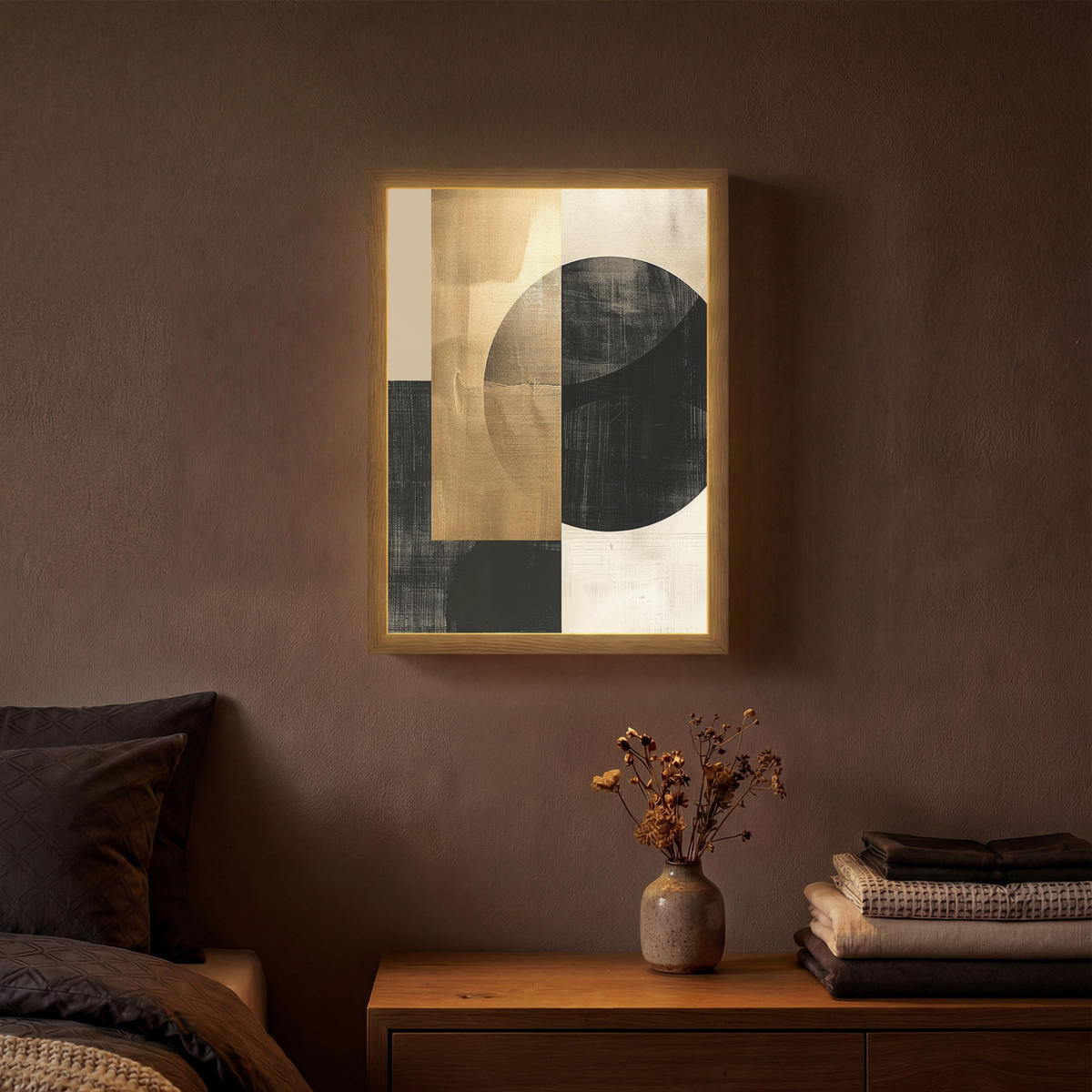 NÁSTĚNNÁ LAMPA S AKUMULÁTOREM Abstraktní - Moderní - Černá - Zlatá 30x40 cm - písková barva, kompozitní dřevo (30/40/8cm) - OnlyWow