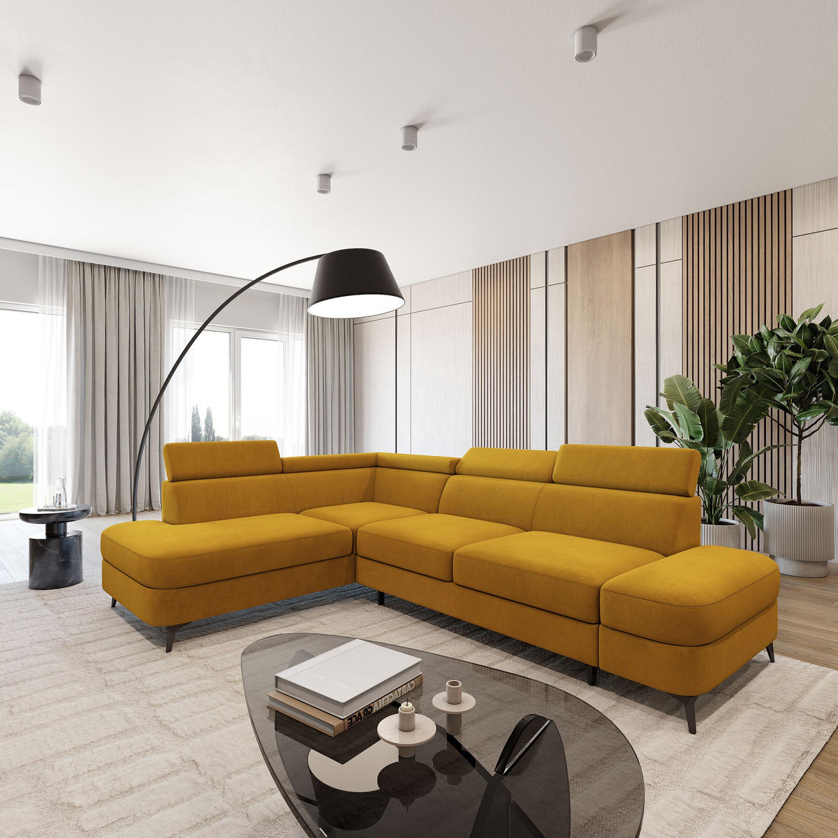 ECKSOFA AVISE MV L-S Gelb Velours-Stoff mit Schlaffunktion - Gelb, Holzwerkstoff/Textil (268/195cm) - MASSENO