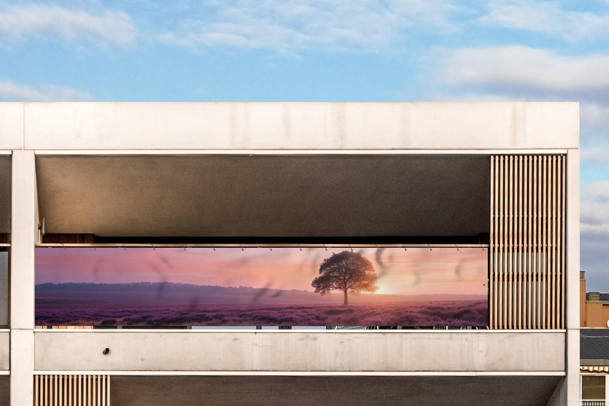 BALKON-SICHTSCHUTZ Baum - Heidekraut - Sonnenaufgang - Flieder, Kunststoff (500/85cm) - MuchoWow
