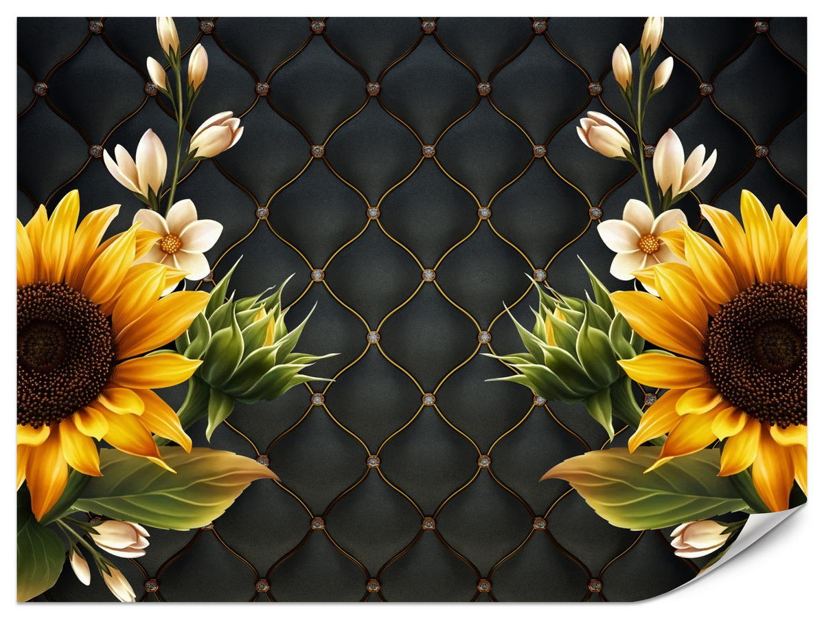 FOTOTAPETE für Küche Blume Sonnenblumen auf gestepptem Hintergrund 450x315 - Gelb/Schwarz, Papier (450/315cm) - Muralo