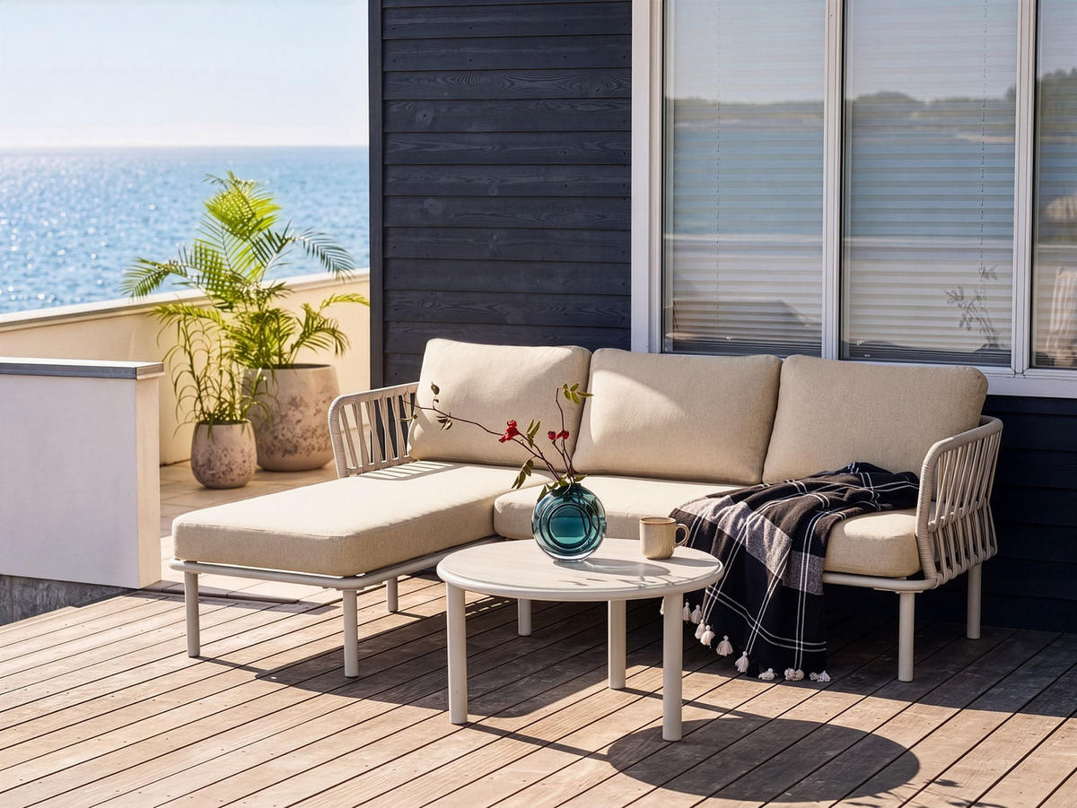 GARTEN Ecksofa mit Tisch 3-Sitzer Metall Beige rechtsseitig Orte - Beige, Metall - Beliani