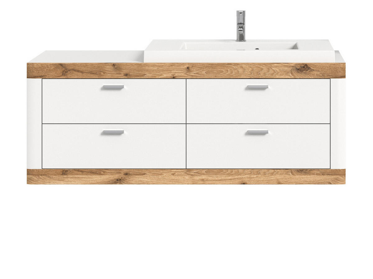 WASCHTISCHKOMBI weiß und Eiche, Waschtisch hängend mit Waschbecken, Breite 166 cm, Soft-Close - Eichefarben/Silberfarben, Holzwerkstoff/Kunststoff (132/50/48cm) - Inn.Furn