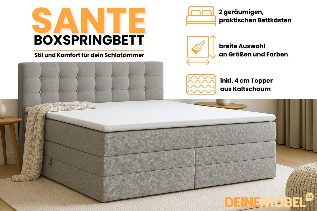 BOXSPRINGBETT SANTE 200/200 in Stoff Hellgrau - Hellgrau, Holz/Holzwerkstoff (200/200cm) - Deine Möbel 24