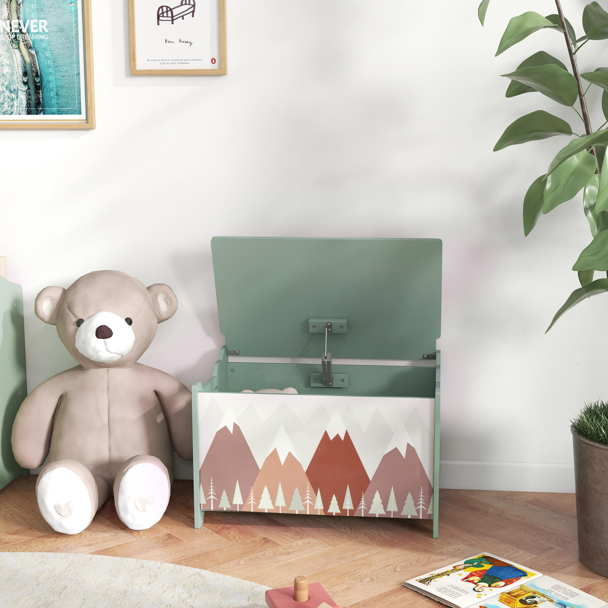 KINDERSITZBANK mit Stauraum Spielzeugkiste mit Deckel niedlichem Tierdesign Grün - Grün, Holzwerkstoff (37/60cm) - ZONEKIZ