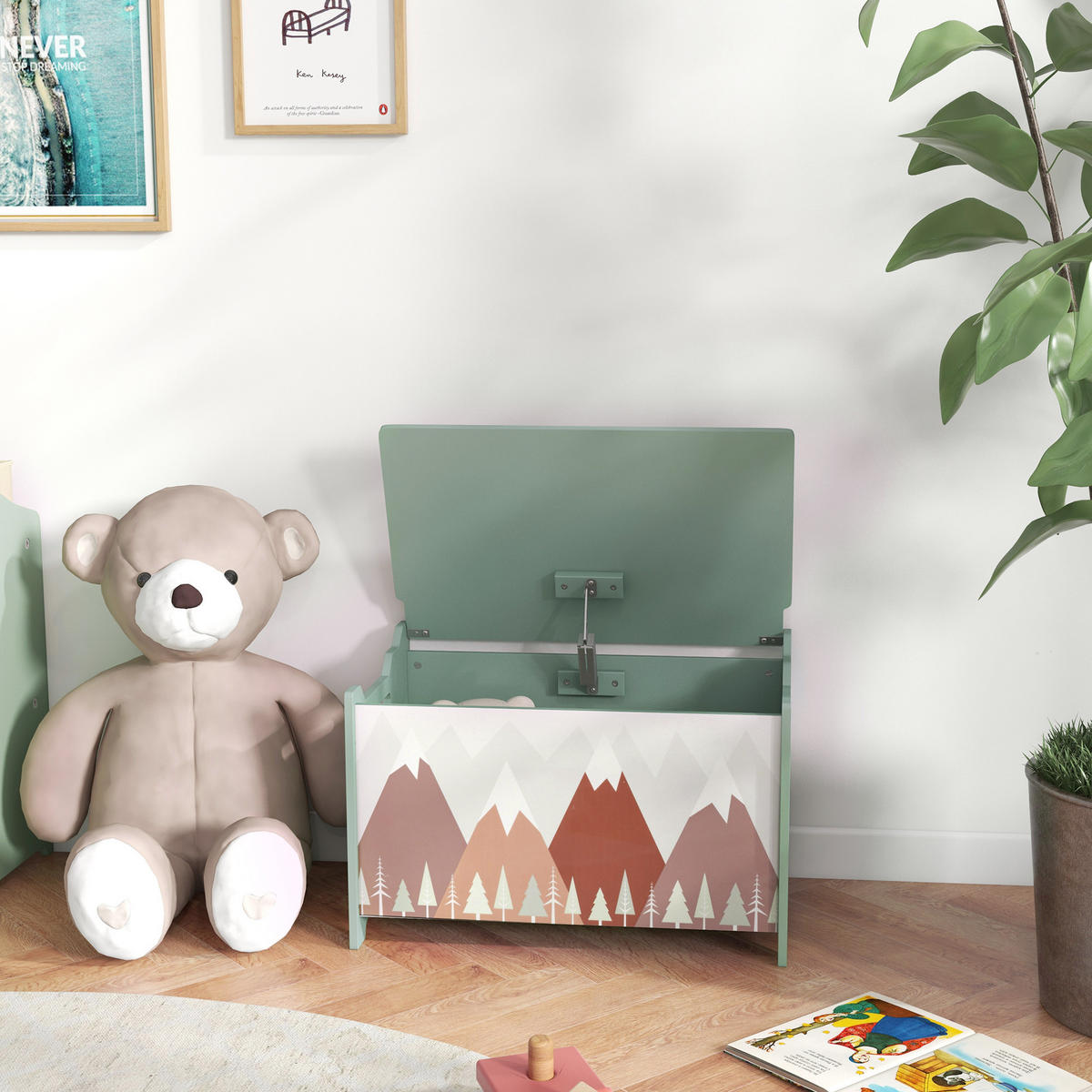 KINDERSITZBANK mit Stauraum Spielzeugkiste mit Deckel niedlichem Tierdesign Grün - Grün, Holzwerkstoff (37/60cm) - ZONEKIZ