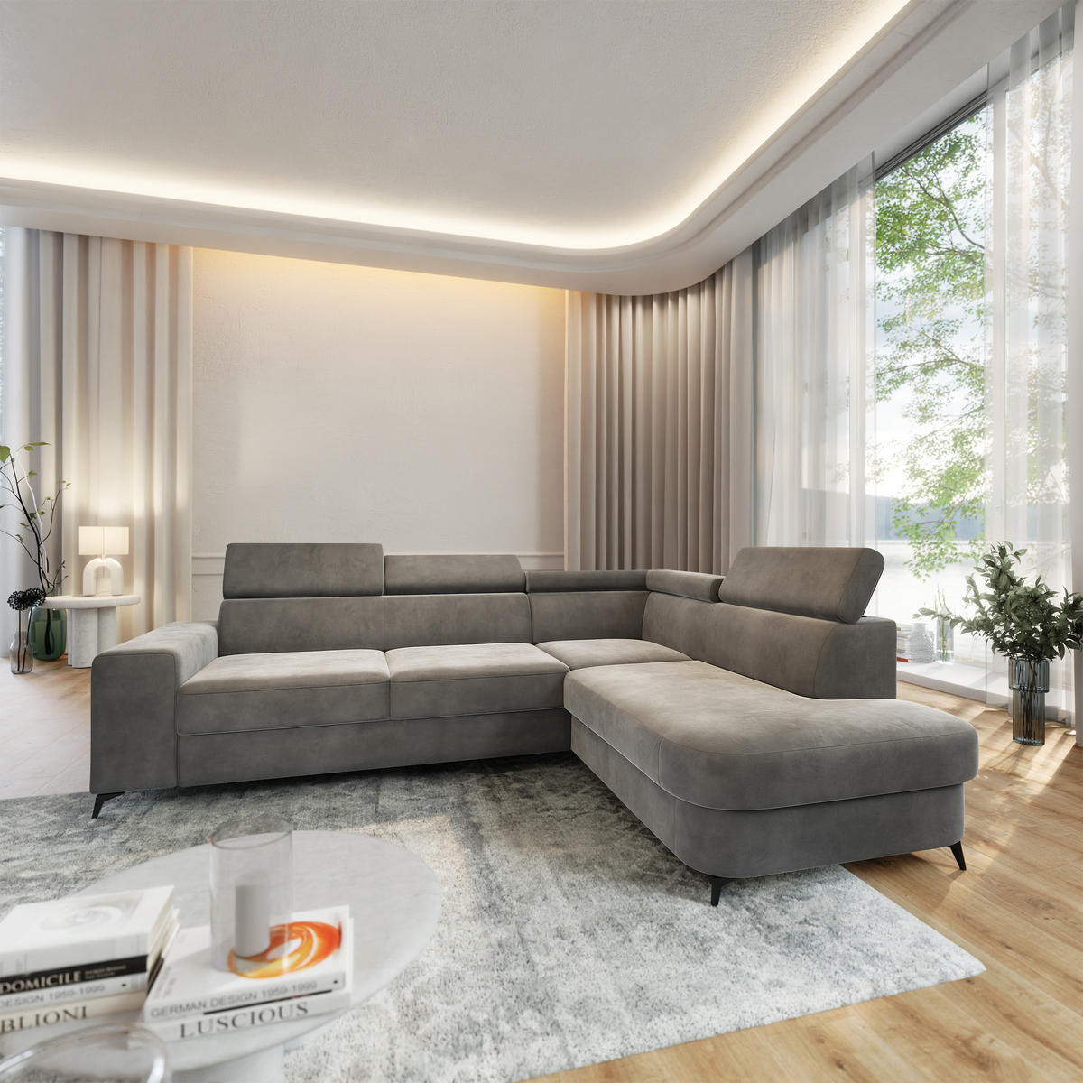 ECKSOFA ALVORO R-S Grau Velours-Stoff mit Schlaffunktion - Grau, Holz (253/190cm) - MASSENO