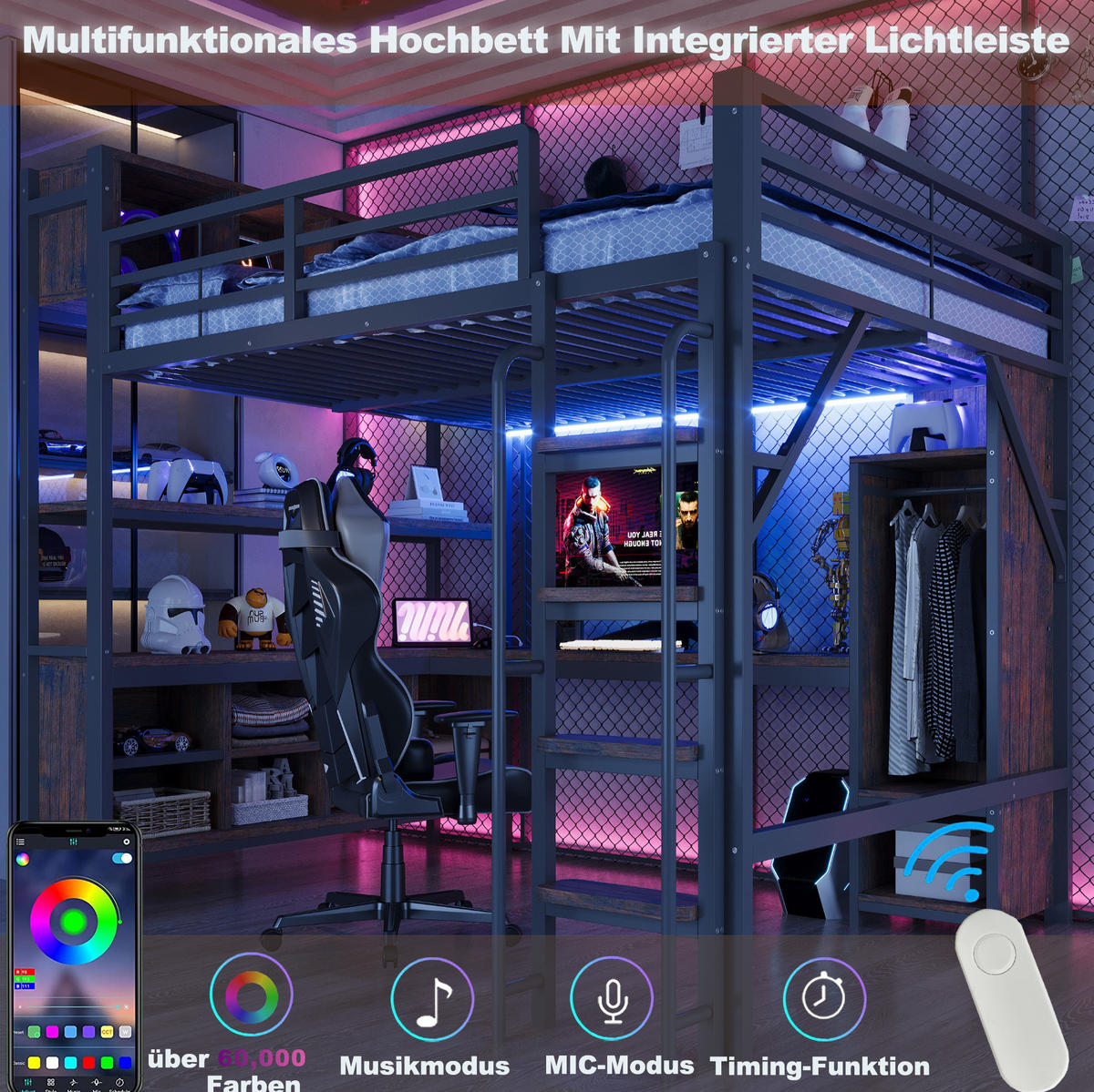 HOCHBETT 140x200 cm in Schwarz mit Schreibtisch, Kleiderschrank, LED und Steckdosen - Schwarz, Metall (140/200cm) - IVMEU