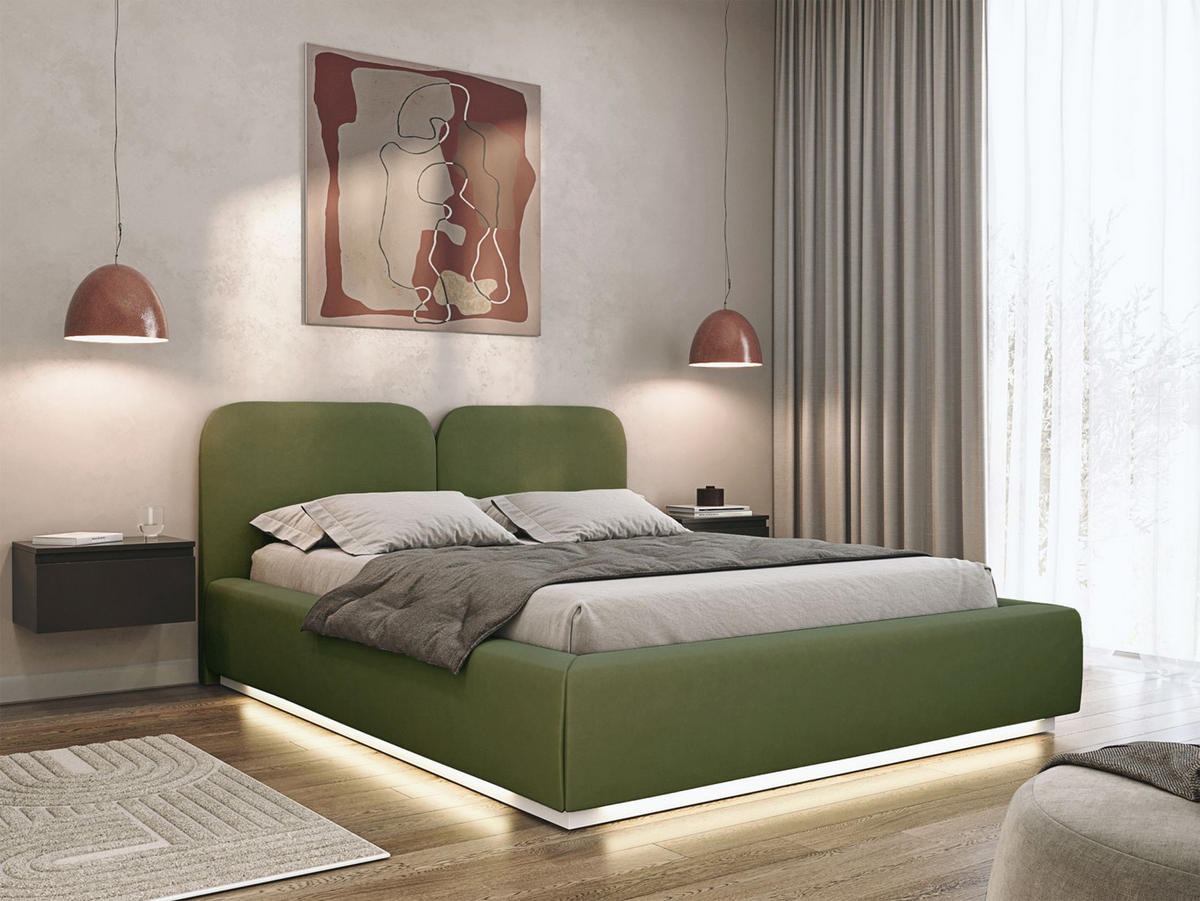 POLSTERBETT Comoves 140x200 Olivgrün mit Veloursbezug und LED - Olivgrün, Textil (140/200cm) - Selsey