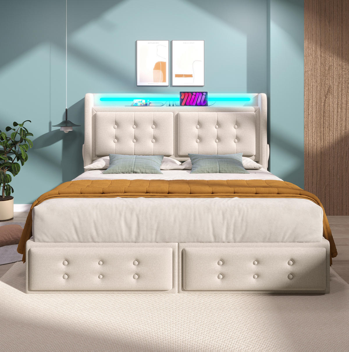 POLSTERBETT 140/200 cm Beige mit LED-Beleuchtung und USB-C-Anschluss - Beige, Textil (140/200cm) - OKWISH