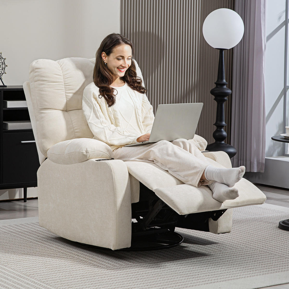 RELAXFÅTÖLJ Vridbar reclinerfåtölj med liggfunktion och gungfunktion, beige - Beige/Svart, Textil/Metall (96/108/88cm) - HOMCOM