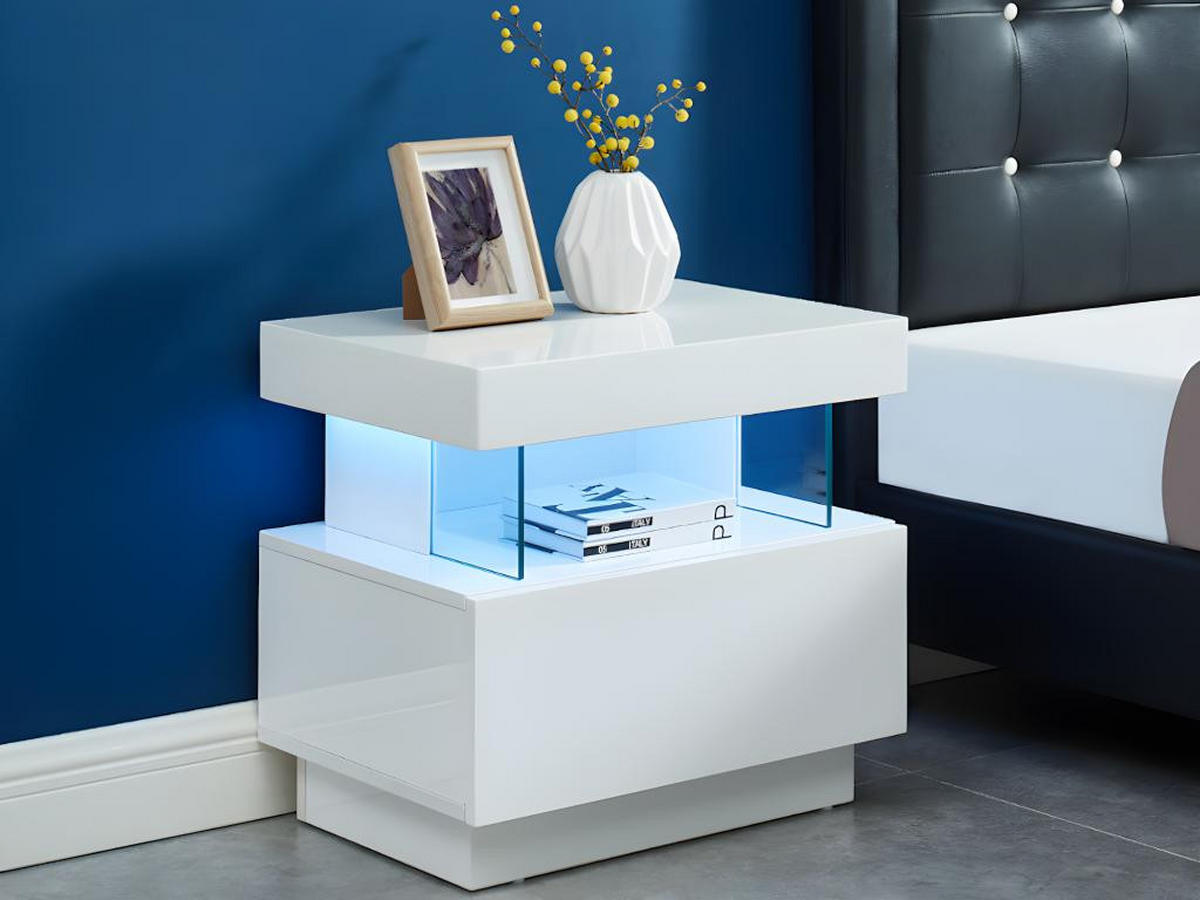 NACHTTISCH mit 1 Schublade & 1 Ablage + LEDs - MDF - Weiß lackiert - FABIO - Weiß, Holz (39/52/57cm) - Vente-Unique