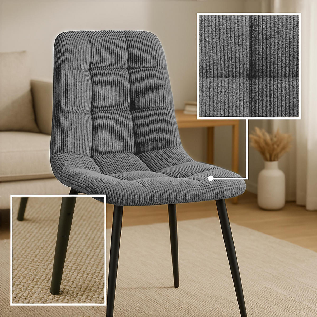STUHL Cord Grau - Schwarz/Grau, Textil/Metall (45/84/55cm) - CLP