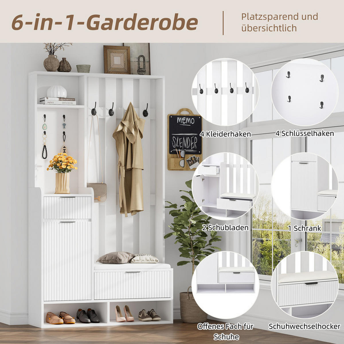 GARDEROBEN-SET mit Schuhbank und 8 Haken 100x30x180 cm - Weiß, Holzwerkstoff (30/180/100cm) - Fuleadture