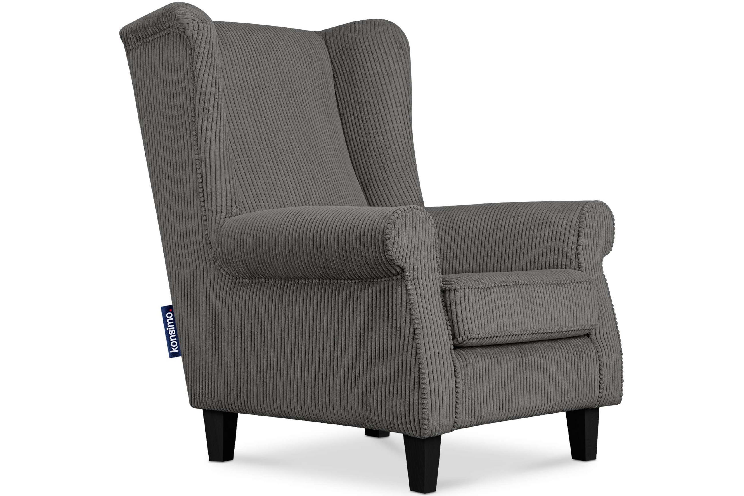 OHRENSESSEL MILES Kord-Bezug Petfriendly, grau - Grau, Holzwerkstoff/Buchenholz (82/105/97cm) - KONSIMO®