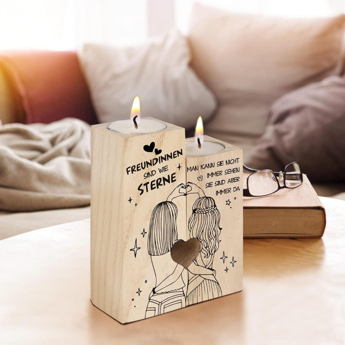 KERZENSTÄNDER Freundschaft Holz 2-teiliges Set - Braun, Holz (4.5/12/9cm)