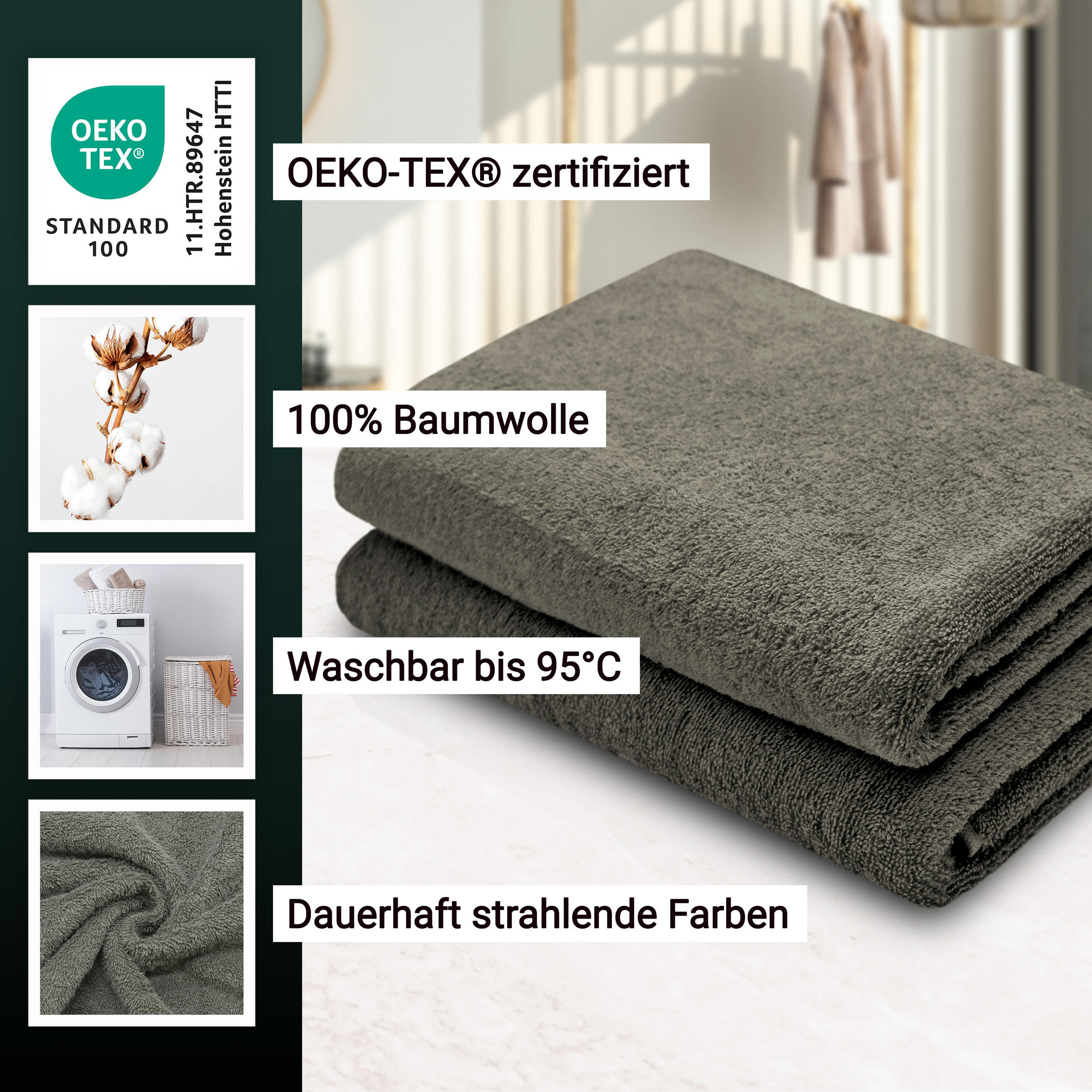DUSCHTÜCHER, 2er-Set, 70x140 cm, 100% Baumwolle, Grau - Taupe, Textil (70/140cm) - Zollner