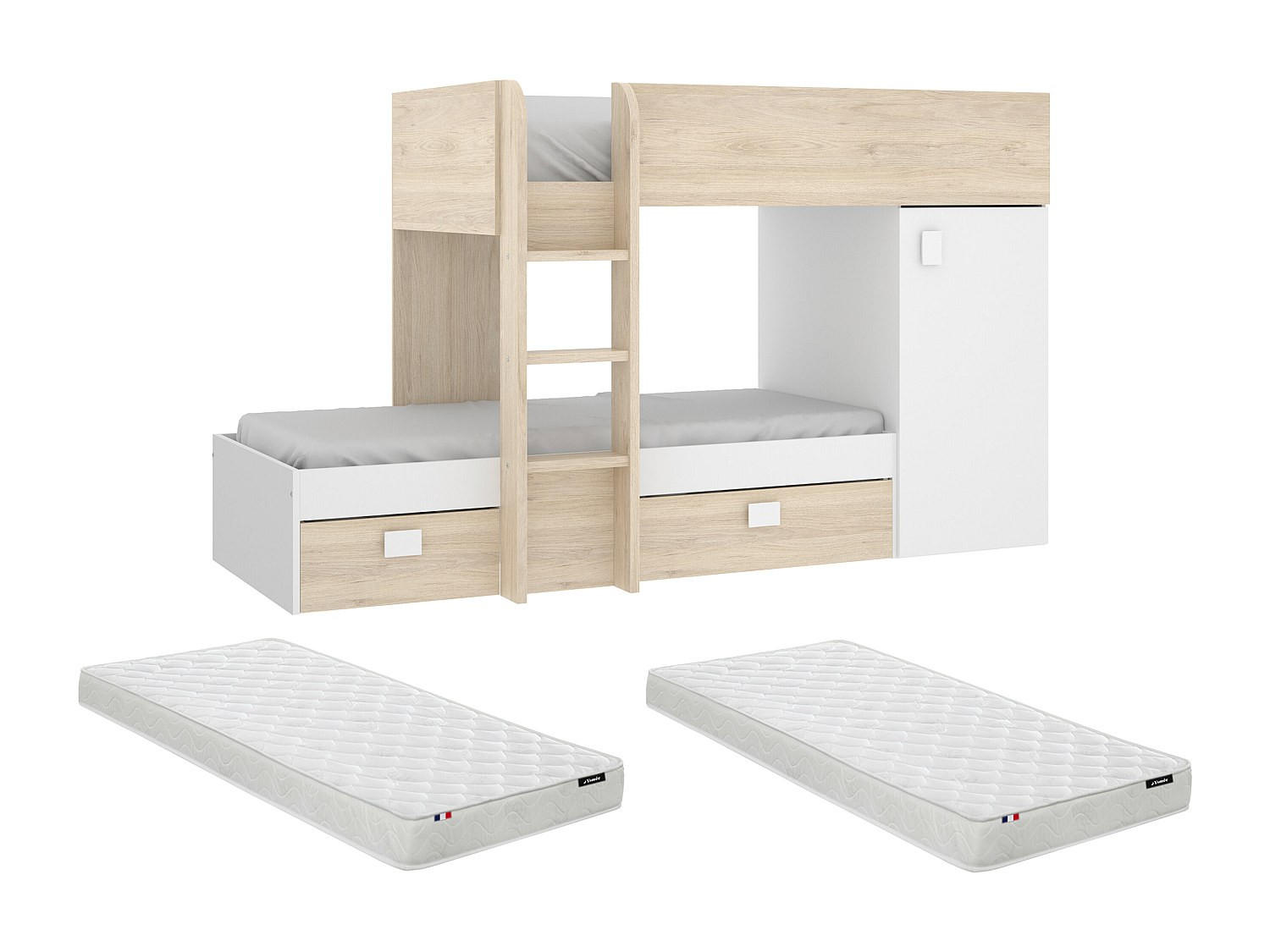 ECK-HOCHBETT modulierbar - 2 x 90 x 190 cm - mit Stauraum - Holzfarben & Weiß + Matratze - RICARDO - Naturfarben/Weiß, Holz (111/255cm) - Vente-Unique
