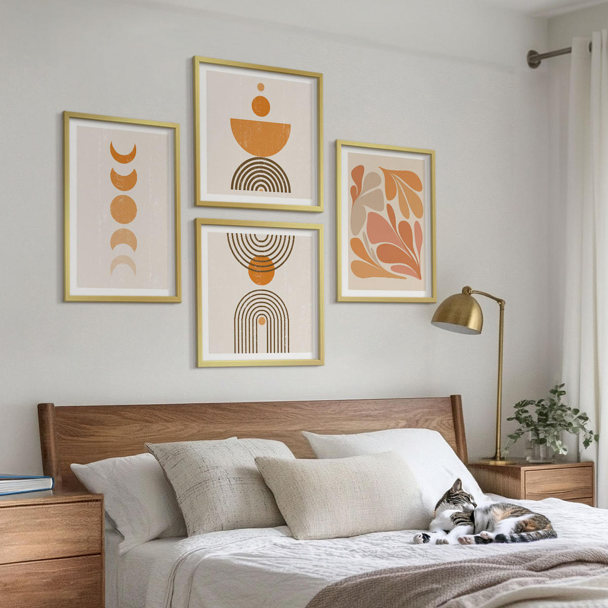 BILDER SET 4er Set - 50x50 cm & 40x60 cm Goldrahmen - Abstrakte orange Formen - Goldfarben, Kunststoff (50/50cm) - TULUP