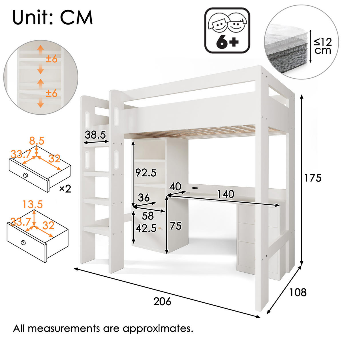 KINDEREINZELBETTEN aus MDF und Spanplatte 90x200 cm in Weiß mit Schreibtisch & USB/Type-C - Weiß, Holzwerkstoff (90/200cm) - Modfu