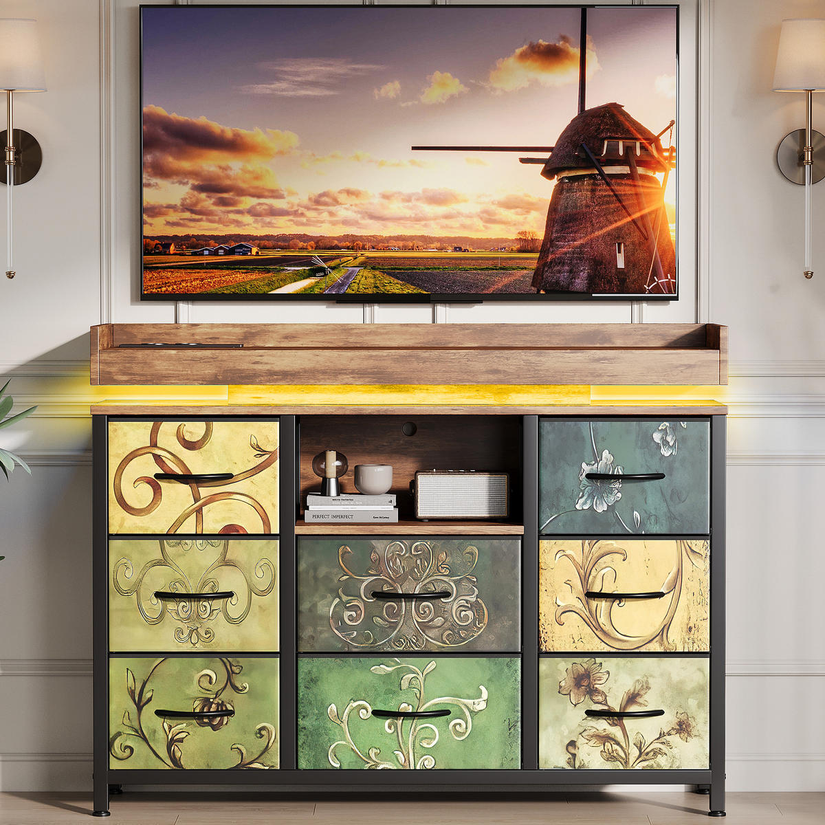 KOMMODE 8 Schubladen Braun-Grün, RGB-LED, USB, 108x30x82cm - Multicolor, Holz (30/82/108cm) - SHOPENTRA
