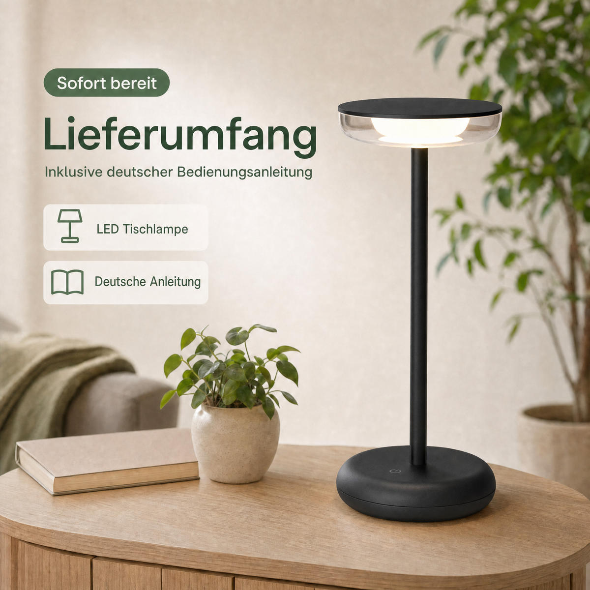 LED-TISCHLAMPE Schwarz Dimmbar Akku 1800mAh 180lm warmweiß Touch USB-C Nachttischleuchte Höhe 27,4 cm - Schwarz, Kunststoff (11/11/27.4cm) - Northpoint