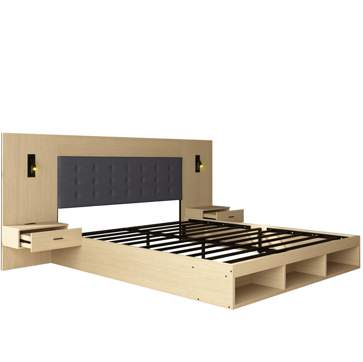 DOPPELBETT 180/200 cm mit USB- & Type-C-Anschluss, drehbaren Leselampen, 2 Nachttischen und Stauraum, MDF, Helle Eiche - Eichefarben, Holzwerkstoff (180/200cm) - Redom