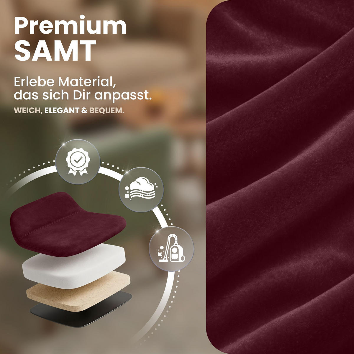 STUHL 4er Set Samt bordeauxrot - Eukalyptusholzfarben/Bordeaux, Holz/Textil (49/83/50cm) - CLP