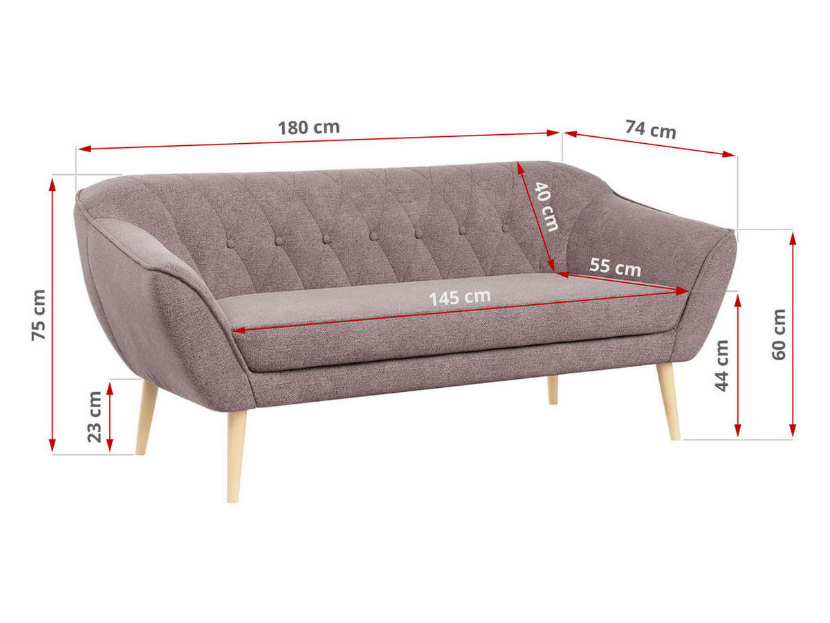 SOFA Pirs 3 Sitzer Strukture Rosa - Rosa/Braun, Holz/Textil (180/75/74cm) - MKS