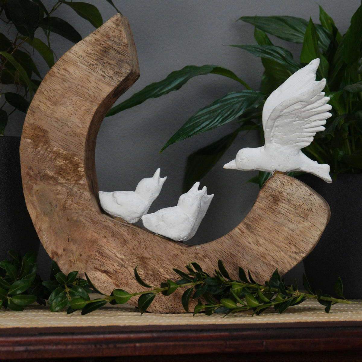 SKULPTUR Bird Family Mangoholz-Sockel weiß-natur - Naturfarben, Holz (25/29/13cm) - CREEDWOOD