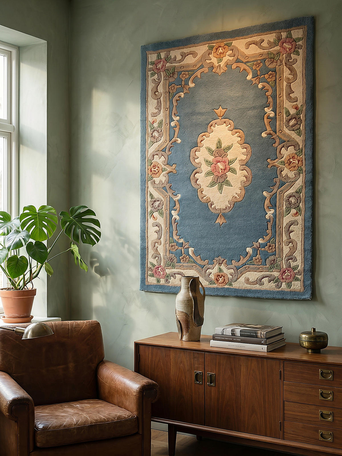 WOLLTEPPICH Aubusson-Muster handgeknüpft BEAULY, Blau-Beige 120x180 cm - Blau, Textil (180/120cm) - KADIMA DESIGN