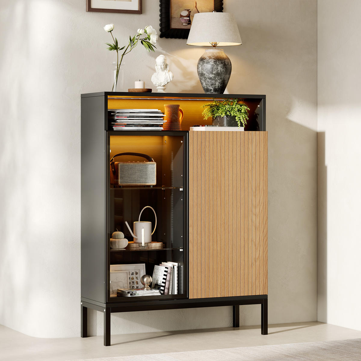 VITRINE 80x30x110 cm mit LED und Glastür - Schwarz/Braun, Holzwerkstoff (80/110/30cm) - FLIEKS
