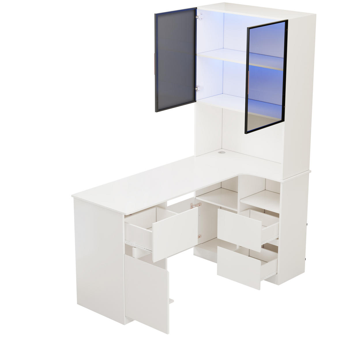 ECKSCHREIBTISCH 120cm LED Regal 3 Schubladen 2 Türen modern - Weiß, Holzwerkstoff (120/80/180cm) - FLIEKS