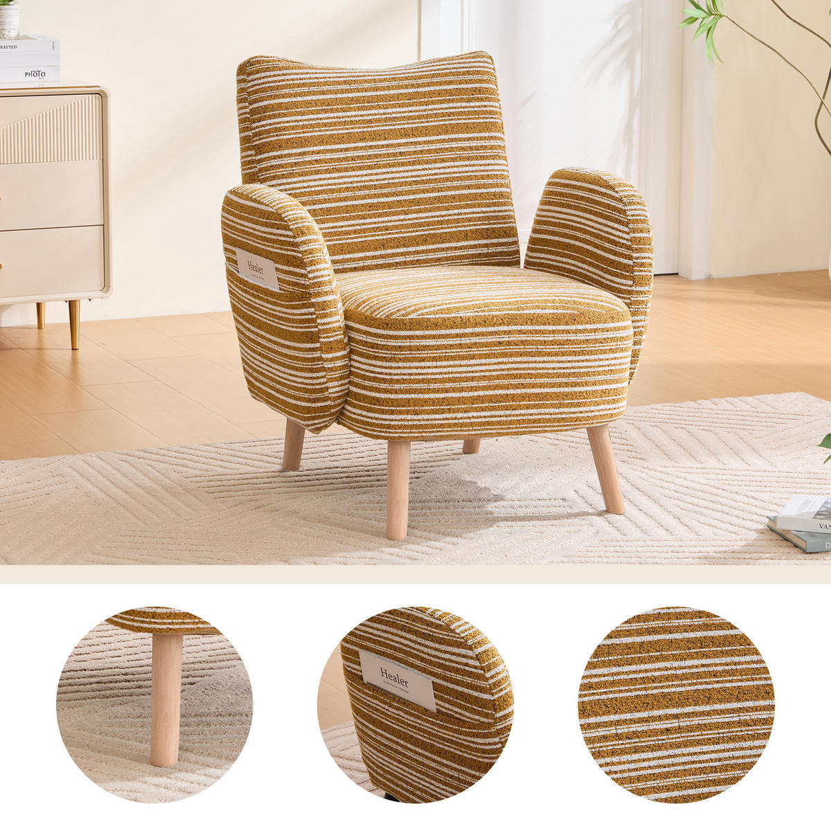 KŘESLO látka bouclé žlutá, moderní, s boční kapsou a dřevěnými nohami - žlutá, textil (77/87/81cm) - Urban Meuble