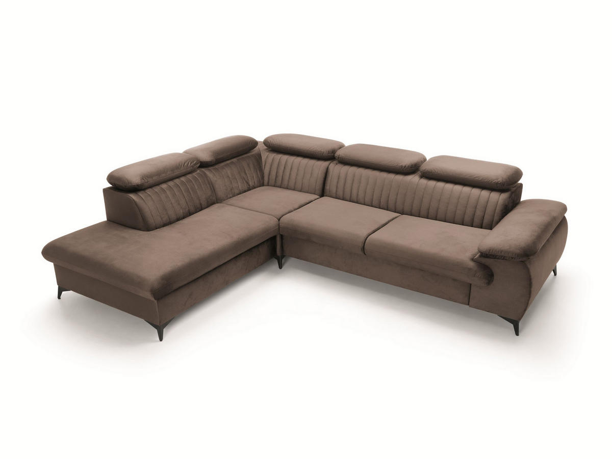 ECKSOFA FIORE Braun Velours-Stoff mit Schlaffunktion - Braun, Holz (280/193cm) - MASSENO