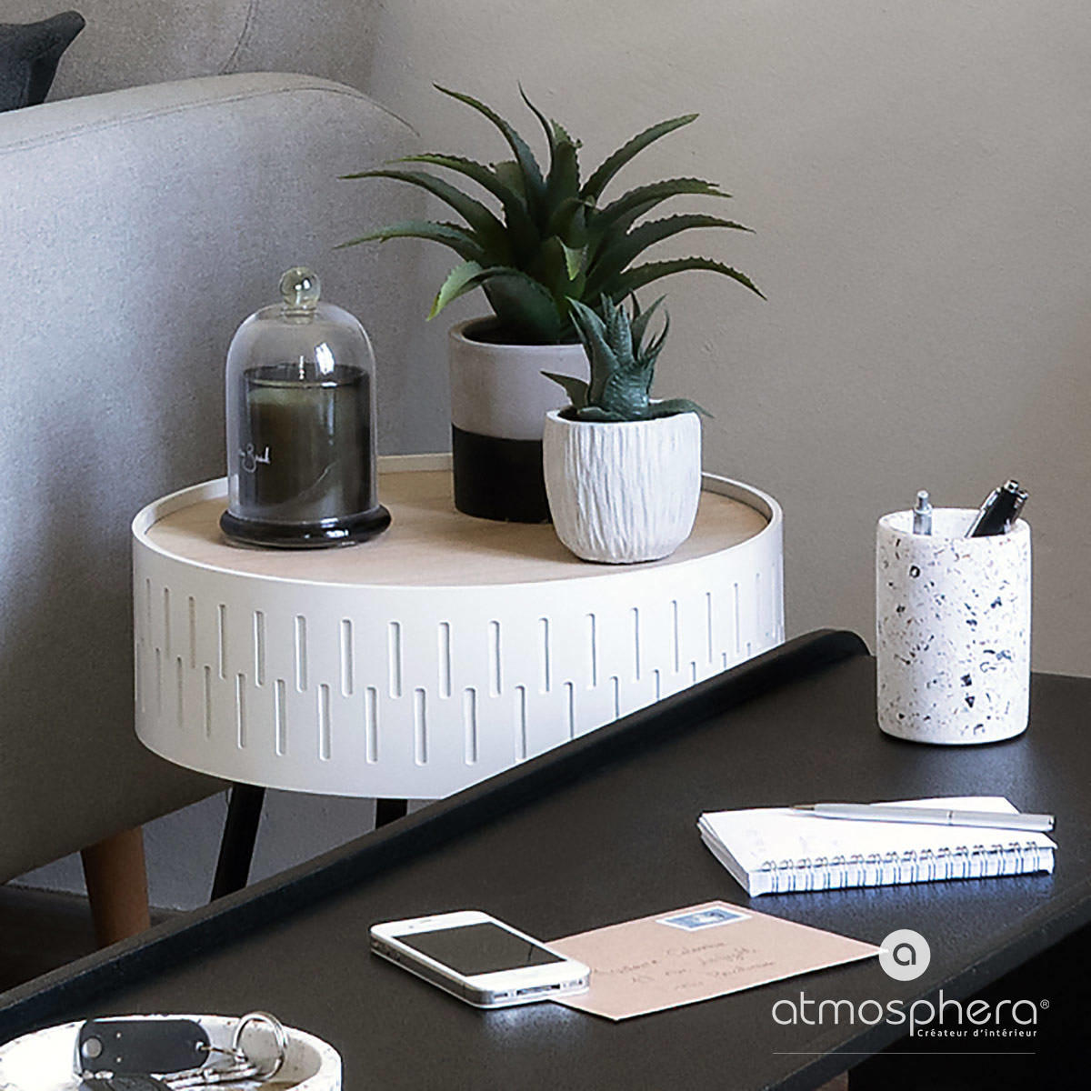 COUCHTISCH mit Stauraum Shiro rund Weiß 38,5/38,5/45,5 cm - Weiß, Metall (38.5/38.5/45.5cm) - Atmosphera Createur d´interieur