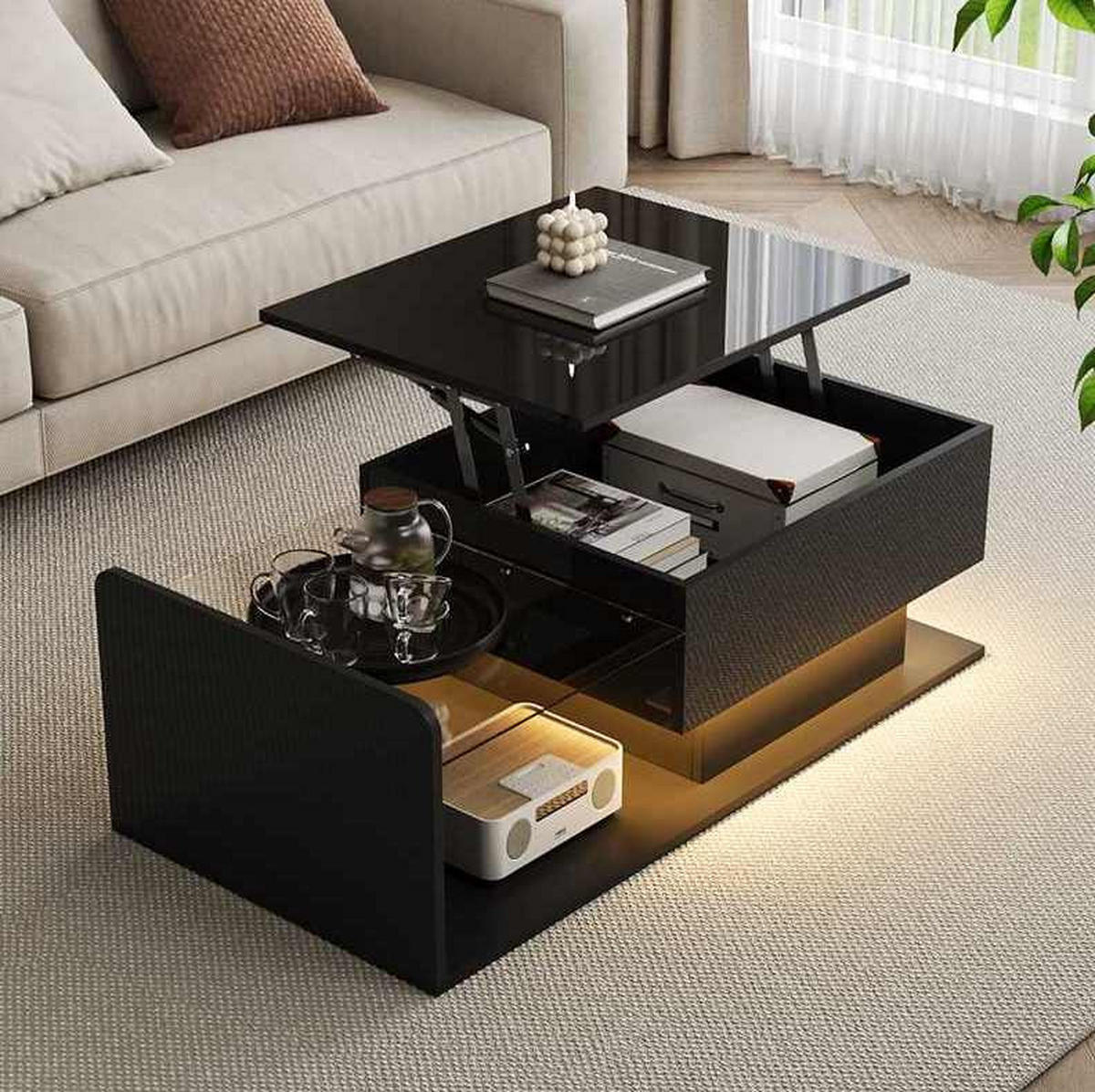 COUCHTISCH höhenverstellbar 100 x 50 cm Schwarz Hochglanz mit Glas und Stauraum - Schwarz, Holzwerkstoff (100/50/47.5cm) - Meubliv
