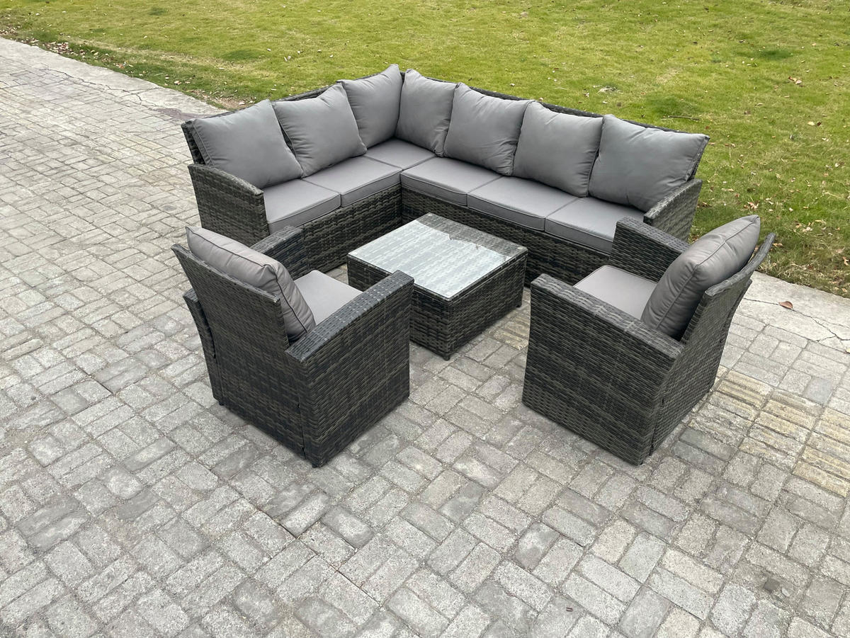 GARTENGARNITUR mit Ecksof,Couchtisch,Stuhl Polyrattan Dunkelgrau 8-Sitzer - Dunkelgrau/Grau, Glas/Kunststoff - Fimous