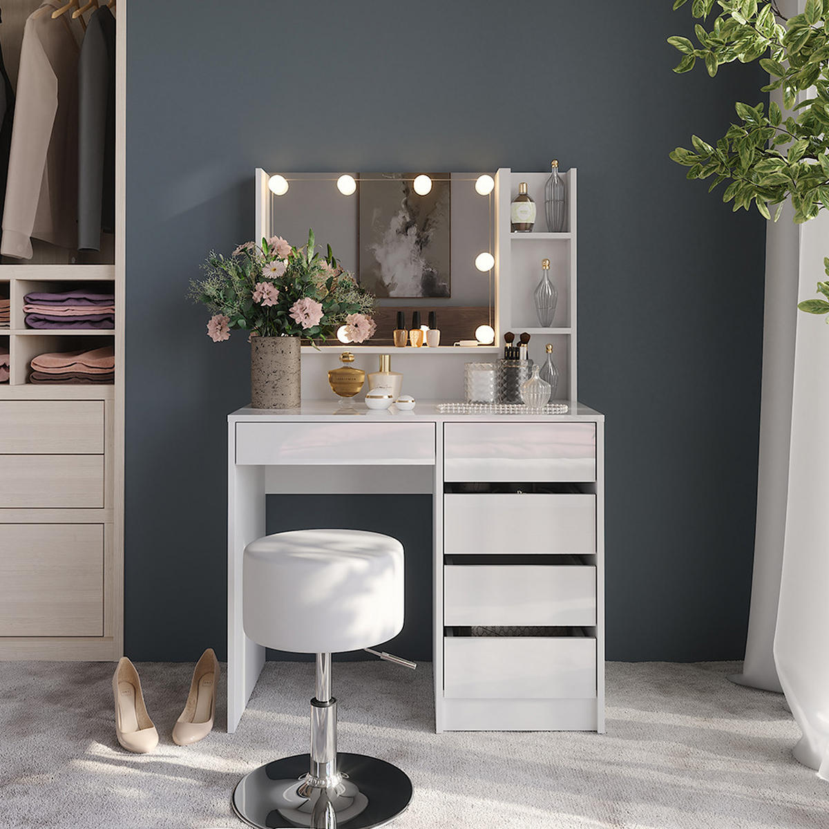 SCHMINKTISCH Sherry Weiß/Weiß Hochglanz 89.8 cm 5 Teile - Weiß Hochglanz, Holzwerkstoff (50.1cm) - Vicco