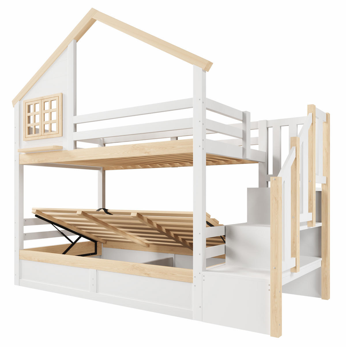 ETAGENBETT 90x200 cm in Weiß/Natur mit hydraulischem Stauraum - Weiß, Holz (90/200cm) - IVMEU