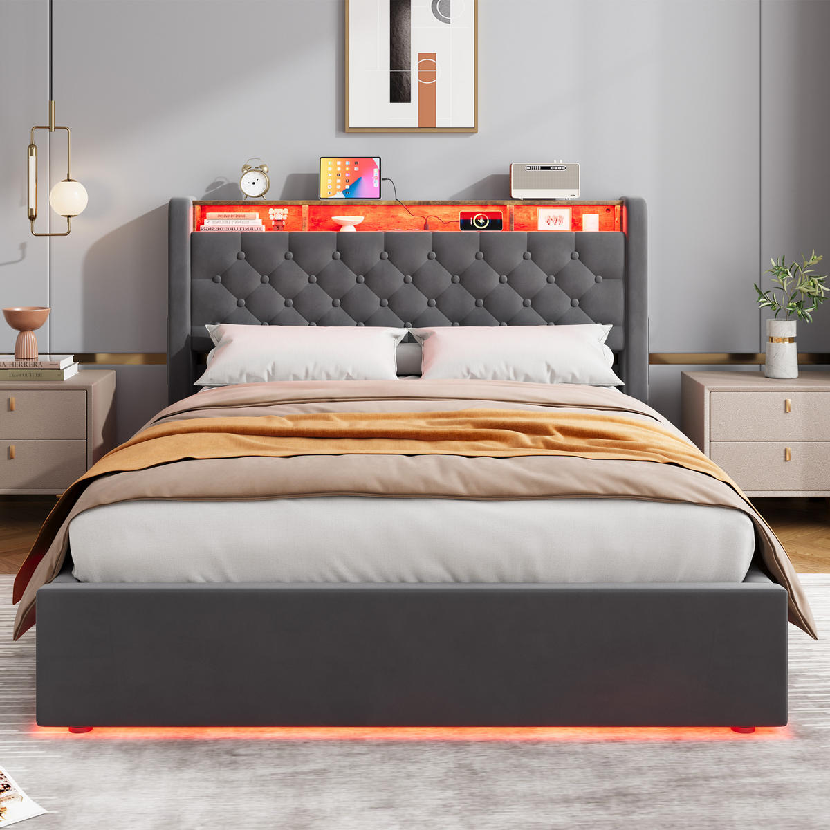 POLSTERBETT 140x200 cm mit LED, USB, Kopfteilregal und Bettkasten Grau - Grau, Holzwerkstoff (140/200cm) - Beauniv