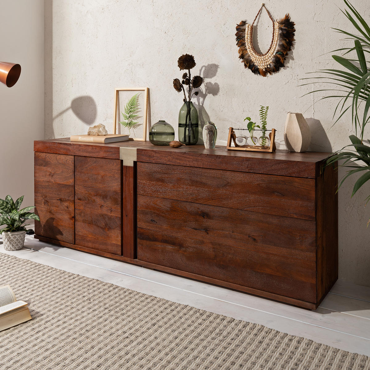 SIDEBOARD Mango 200x45x75 braun lackiert Amsterdam #30 - Braun, Holz (200/75/45cm) - Massivmoebel24