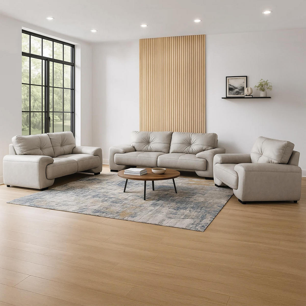 SITZGARNITUR Omega, zwei Sofas und Sessel, aus Kunstleder, Hellgrau - Hellgrau/Schwarz, Leder (225/88/98cm) - Beautysofa