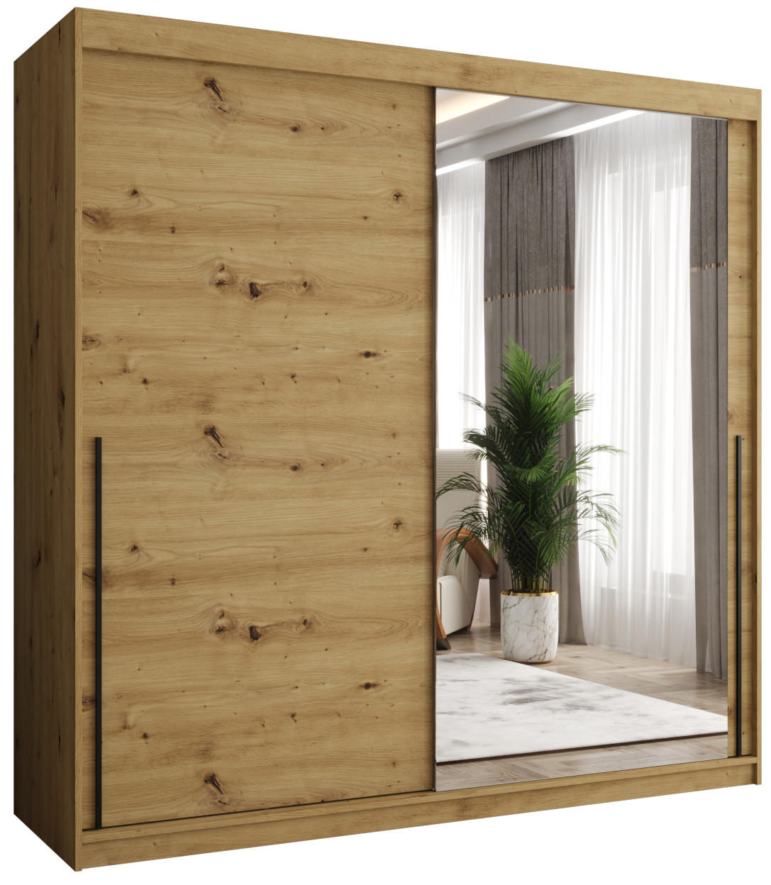 SCHIEBETÜRENSCHRANK mit Spiegel 200 cm Breite Artisan mit schwarzem Griff - Schwarz/Eiche Artisan, Holzwerkstoff (250/200/62cm) - Home Collective