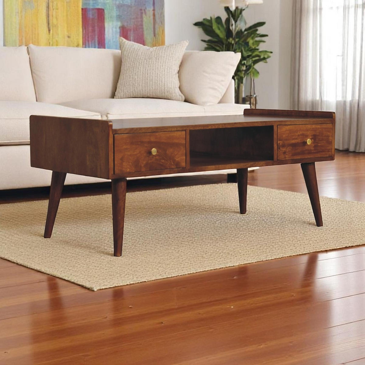 TV-EINHEIT Massivholz Kastanienbraun, 2 Schubladen und Offenes Fach - Dunkelbraun/Messingfarben, Mangoholz/Holz (100/43/50cm) - Artisan Furniture