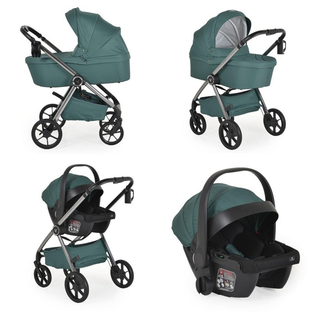 KOMBIKINDERWAGEN Unique 3 in 1 grün Babyschale Stoßdämpfer PU-Räder Tasche - Grün, Metall (75/59/104cm) - Cangaroo